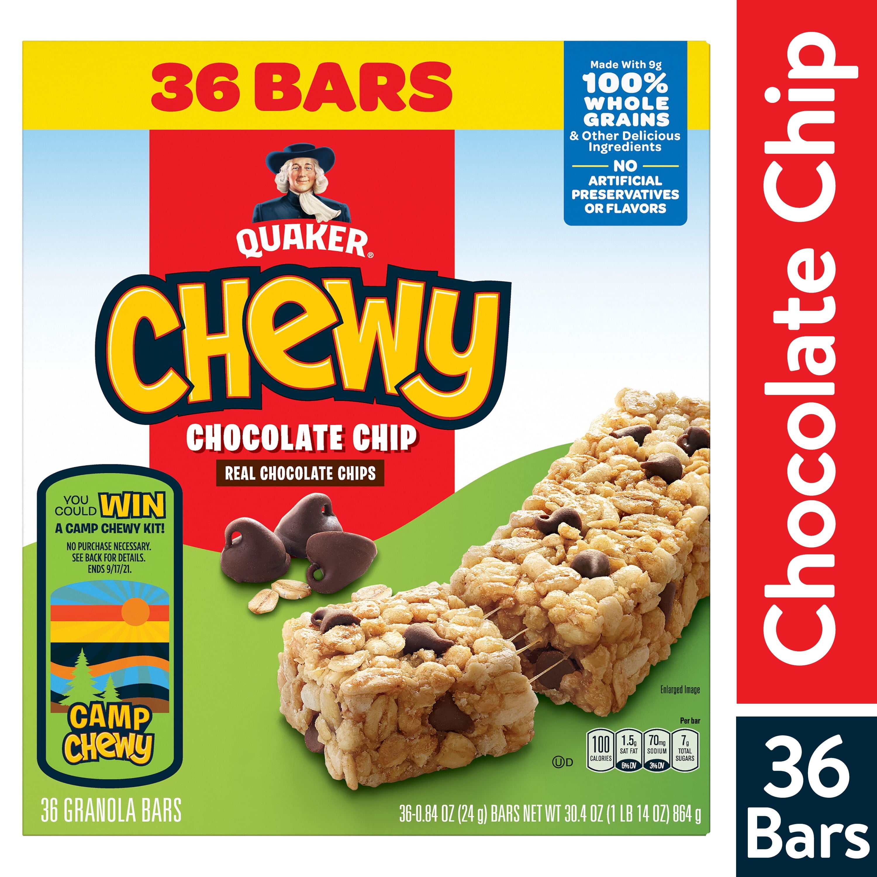 (4 Pack)  Chewy Granola Bars, Chocolate Chip Flavor, 0.84 Oz, 36 Count