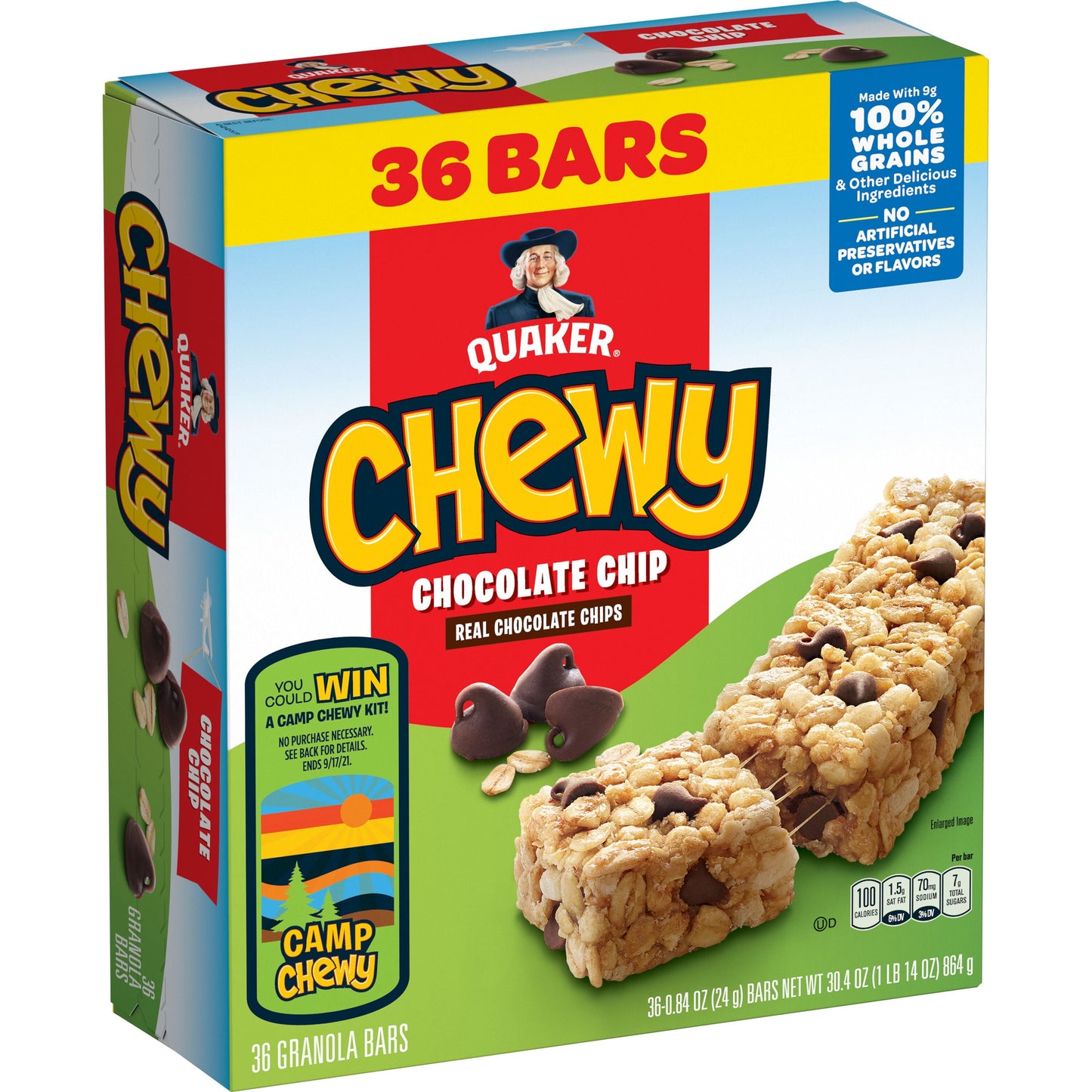 (4 Pack)  Chewy Granola Bars, Chocolate Chip Flavor, 0.84 Oz, 36 Count