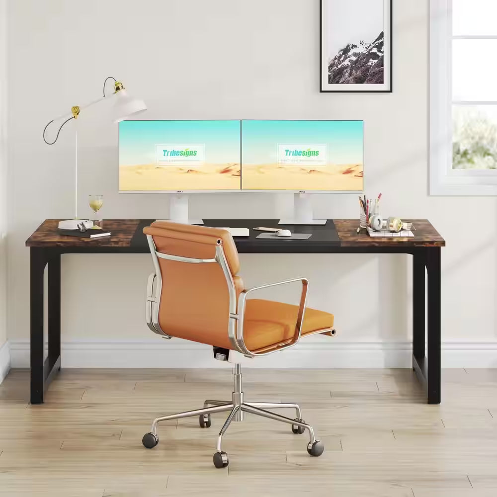 Halseey 70.8 In. W Brown Computer Desk Particle Board Wood