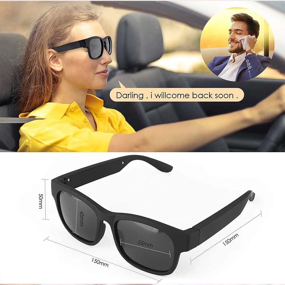 Smart Glasses Wireless Bluetooth Sunglasses Open Ear Music and Hands-Free Calling Polarized Lenses IP4 Waterproof Connect Mobile Phones and Tablets (Black)