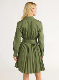 Women’s Pleated Mini Shirtdress with Long Sleeves