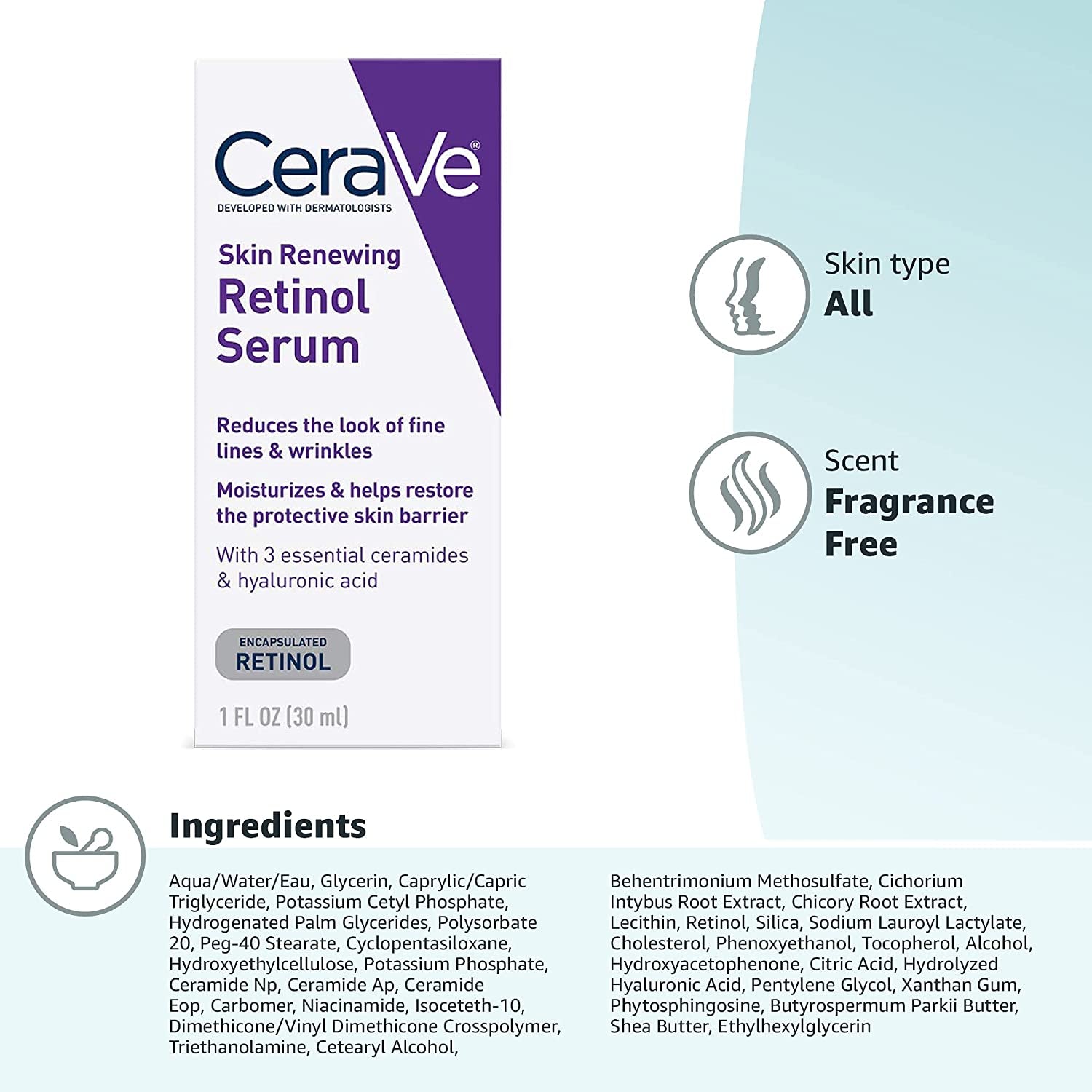 CeraVe anti Aging Retinol Serum Cream Serum for Smoothing Fine Lines and Skin Brightening