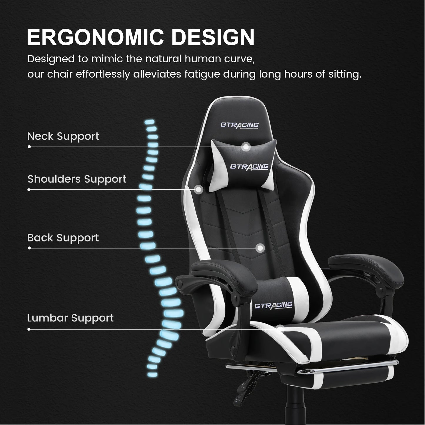 GTWD-200 Ergonomic Gaming Chair with Adjustable Pillows and Footrest