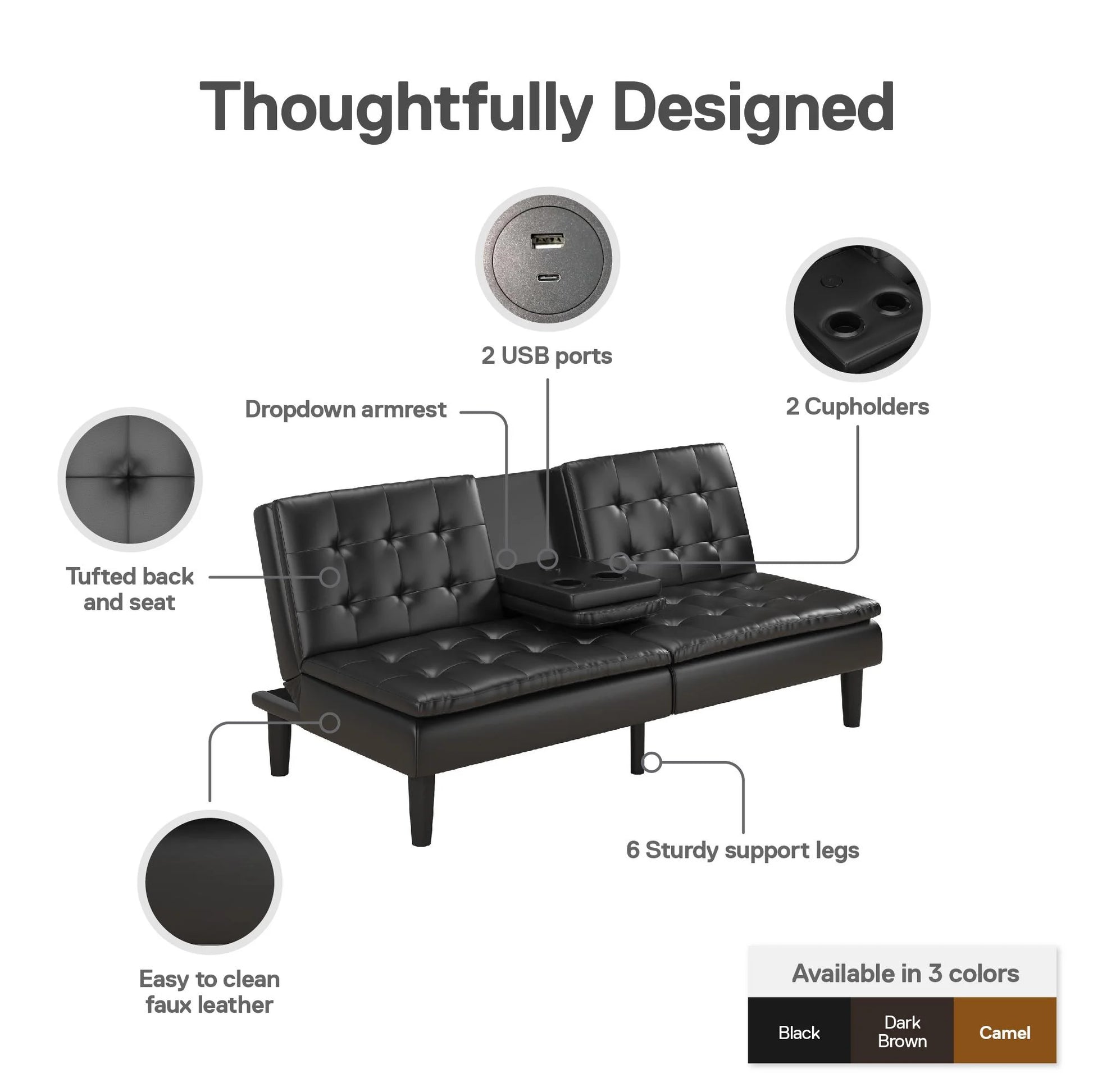 Memory Foam Futon with Cupholder and USB