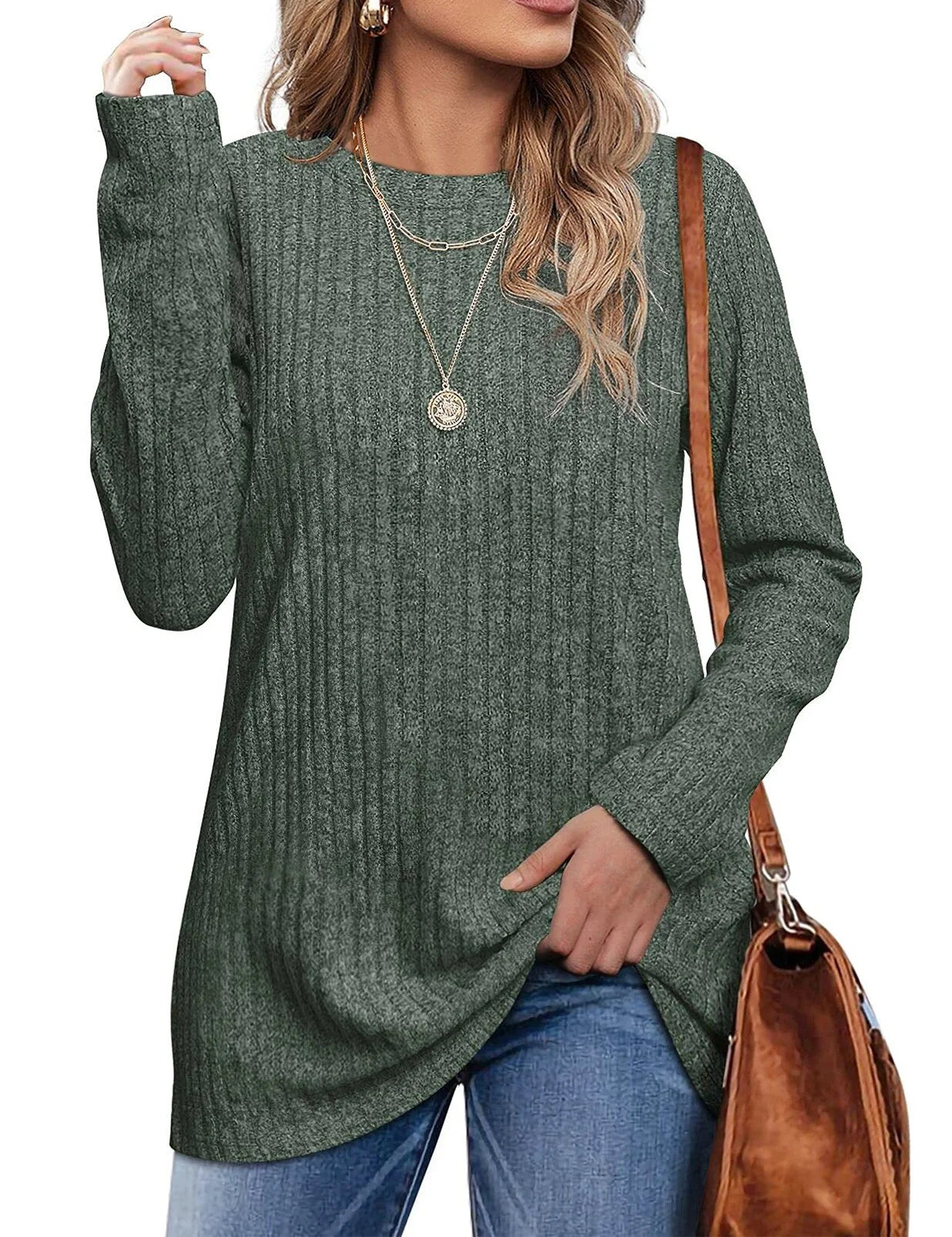 Women Crew Neck Casual Tunic Tops Lightweight Pullover