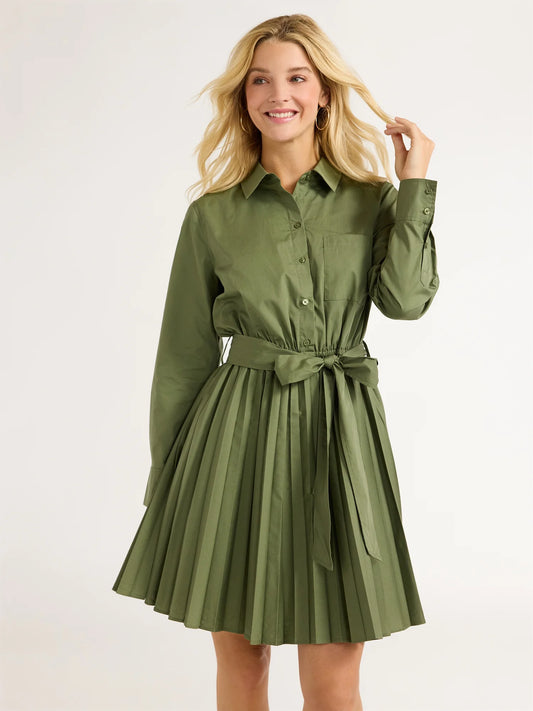 Women’s Pleated Mini Shirtdress with Long Sleeves