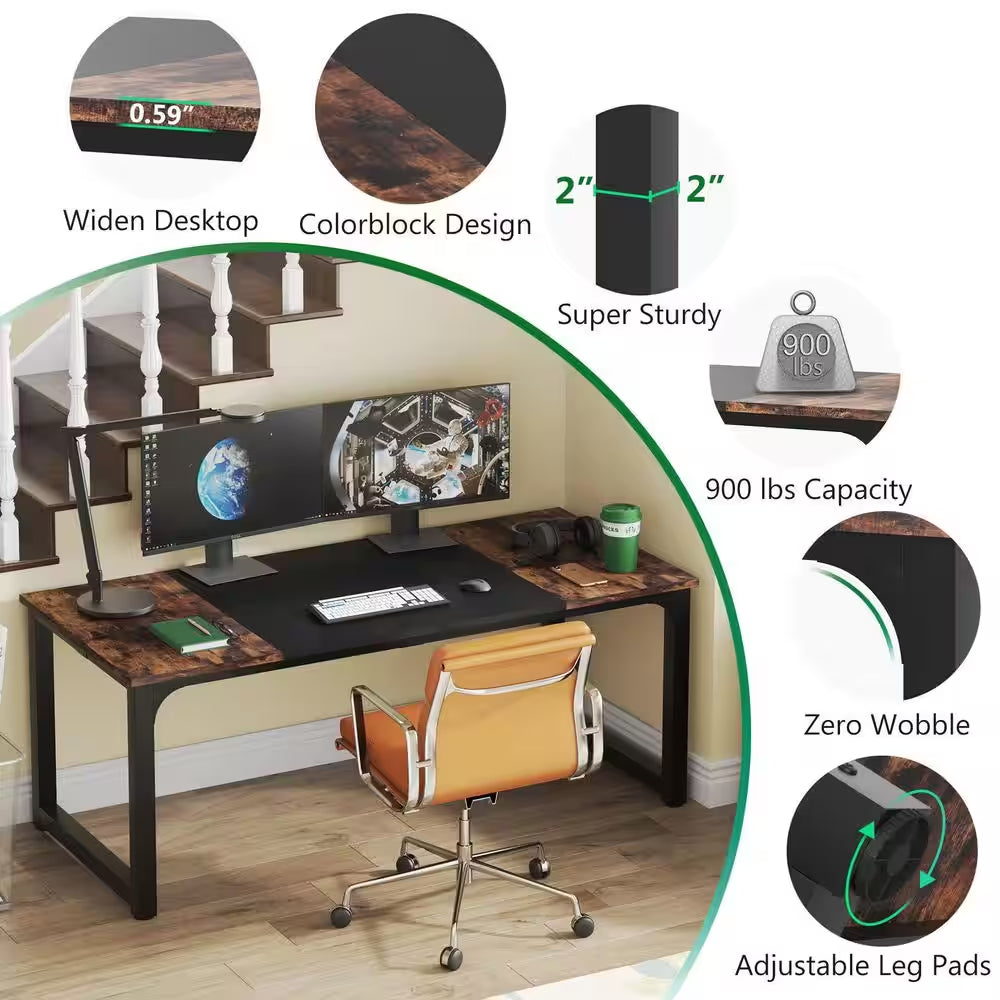 Halseey 70.8 In. W Brown Computer Desk Particle Board Wood