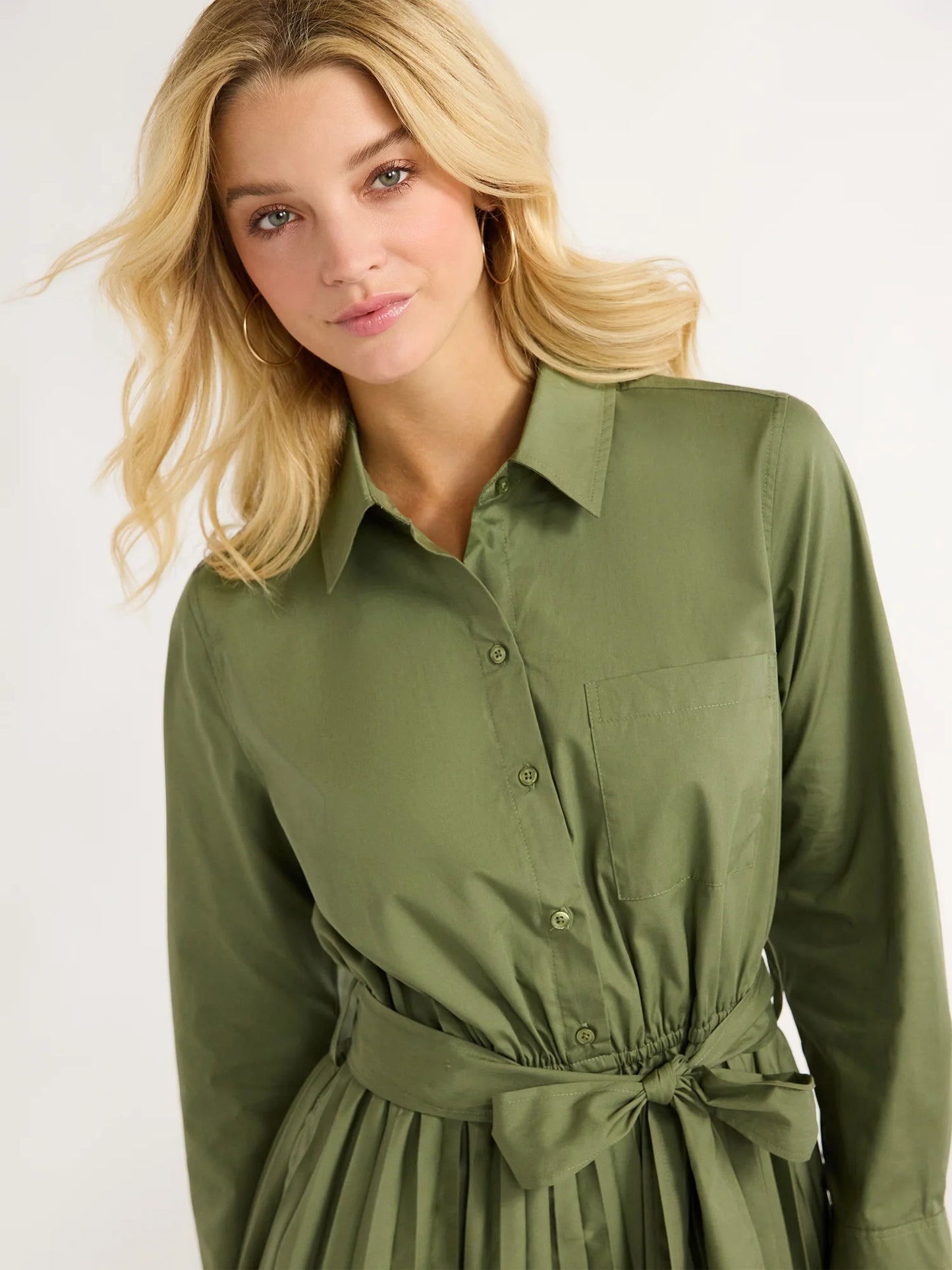 Women’s Pleated Mini Shirtdress with Long Sleeves