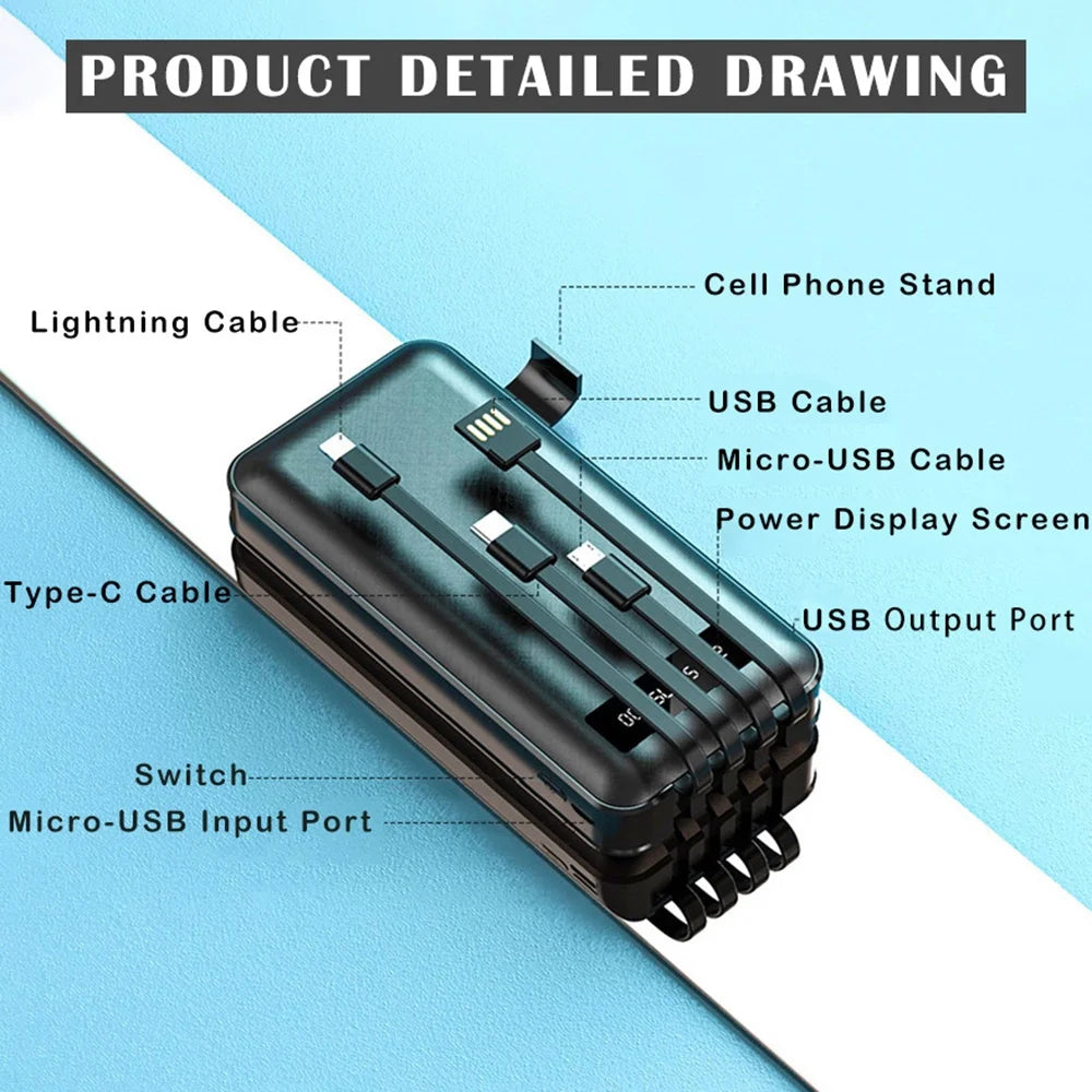 20000Mah Power Bank Portable Charger with Cables USB Fast Charging for Phone