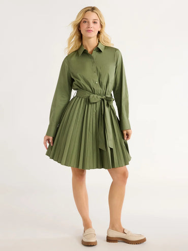 Women’s Pleated Mini Shirtdress with Long Sleeves