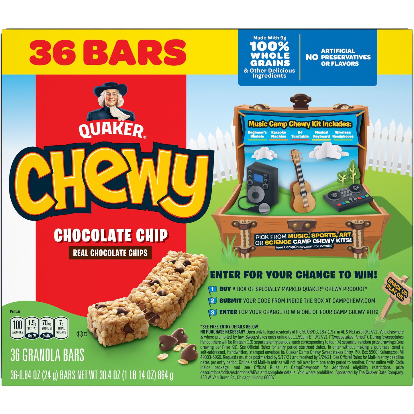 (4 Pack)  Chewy Granola Bars, Chocolate Chip Flavor, 0.84 Oz, 36 Count