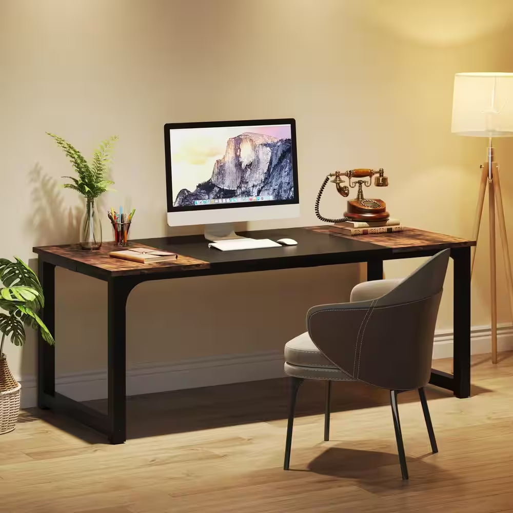 Halseey 70.8 In. W Brown Computer Desk Particle Board Wood