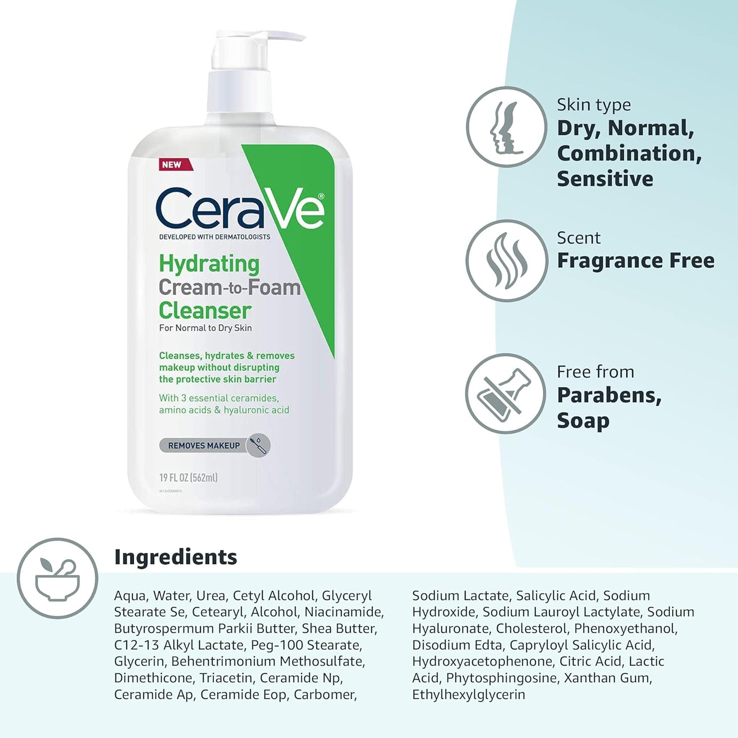 CeraVe Hydrating Cream to Foam Cleanser Makeup Remover Face Wash for Dry Skin19 Fluid Ounce