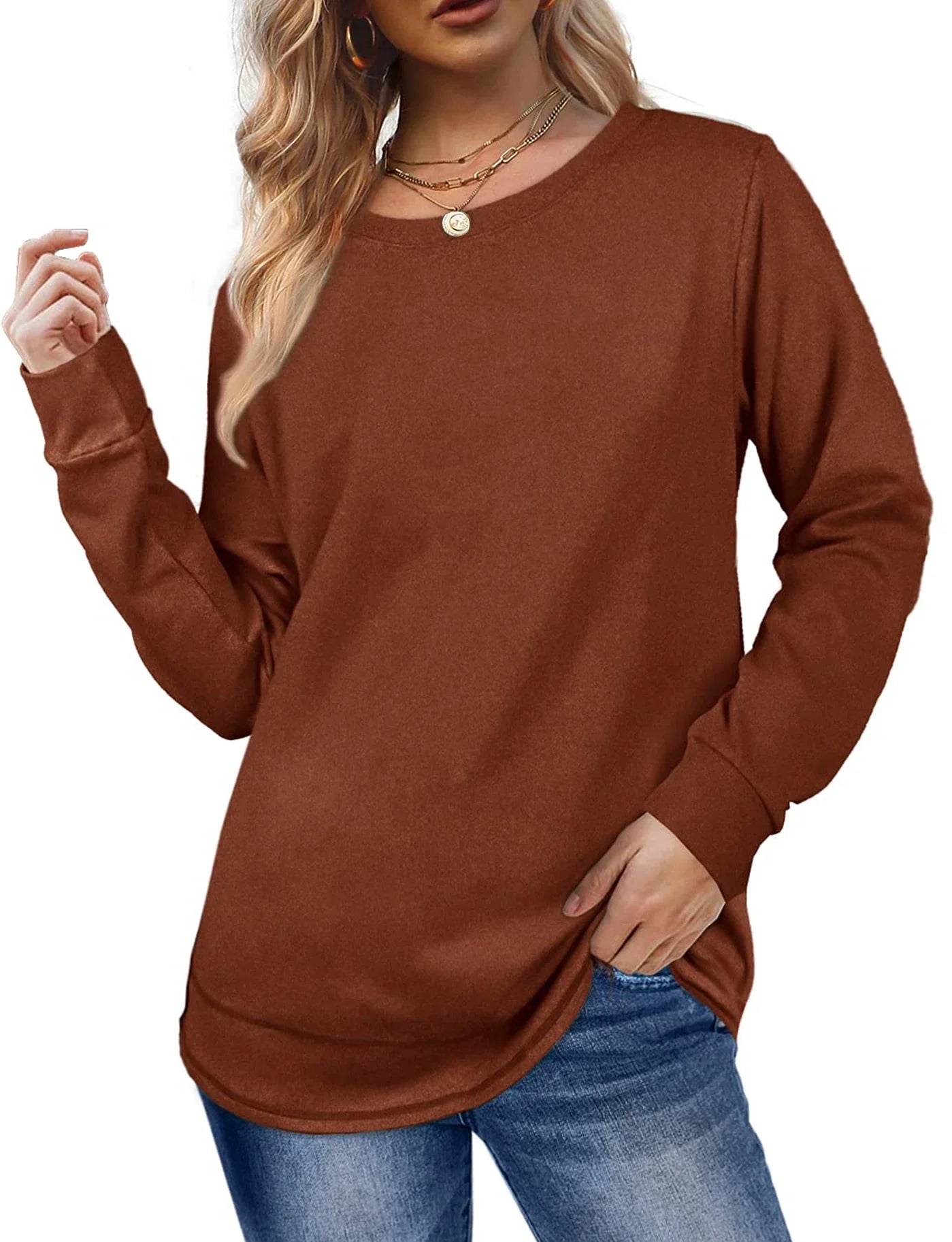 Women Crewneck Casual Long Sleeve Shirts Tunic Tops