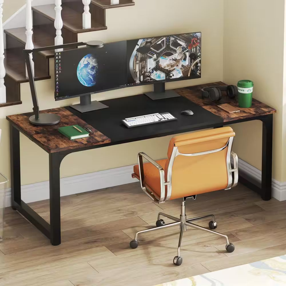 Halseey 70.8 In. W Brown Computer Desk Particle Board Wood