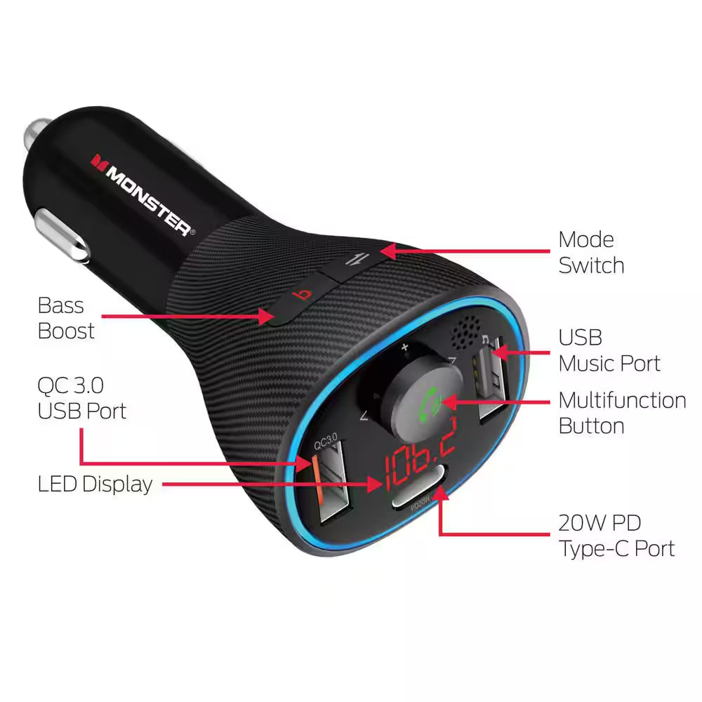 Bluetooth FM Transmitter with Dual Charging Type-C PD QC3.0