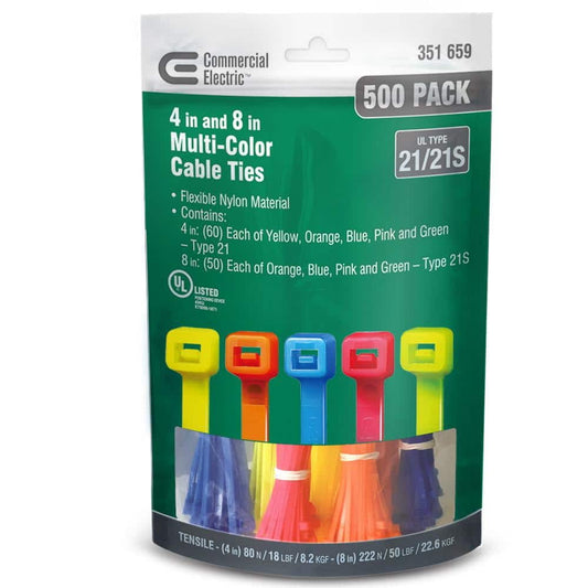 4in, 8in Standard UL 21S Rated Cable Zip Ties 500 COMBO Pack (Assorted Colors)