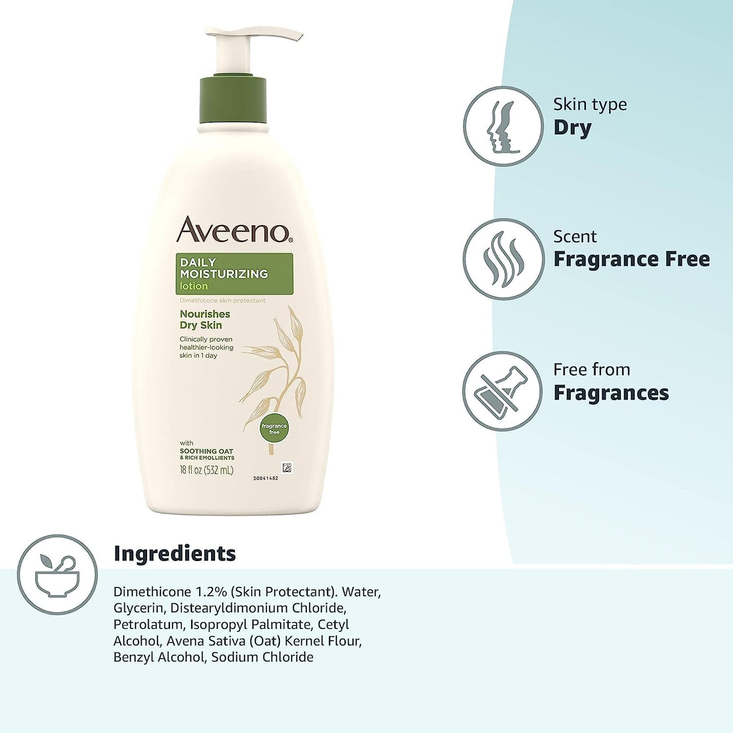 Aveeno Daily Moisturizer Body Lotion for Dry Skin Prebiotic Oat Fragrance Free 18 Fl. Oz