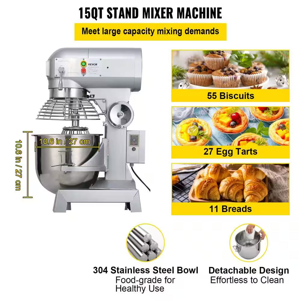 15 Qt. Commercial Food Mixer Adjustable Spiral Mixer with Stainless Steel Bowl