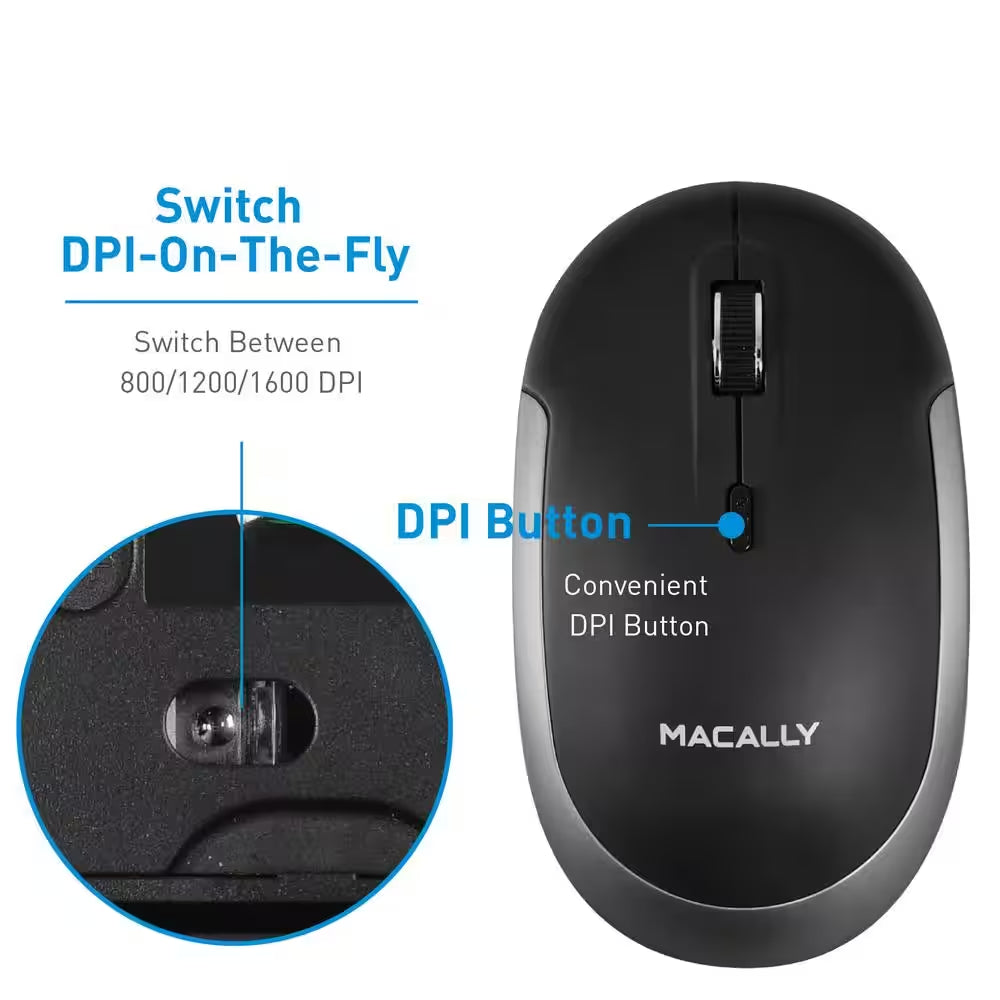 Silent Wireless Bluetooth Mouse for Mac/Pc, Compact Design :Optical Sensor and DPI Switch 800/1200/1600, Black