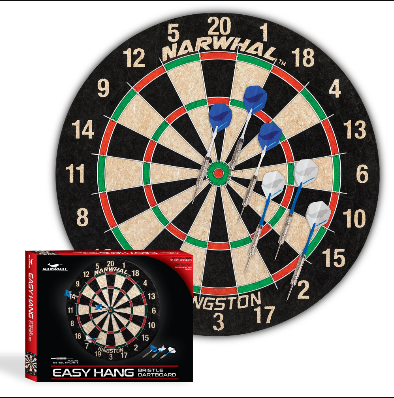 Narwhal Kingston Official Size Bristle Dartboard with 6 Steel Tip Darts