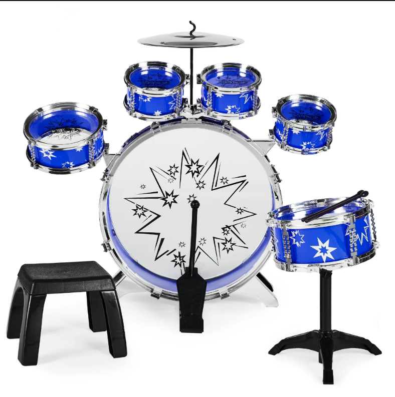 11-Piece Kids Starter Drum Set w/ Bass Drum, Tom Drums, Snare, Cymbal, Stool, Drumsticks