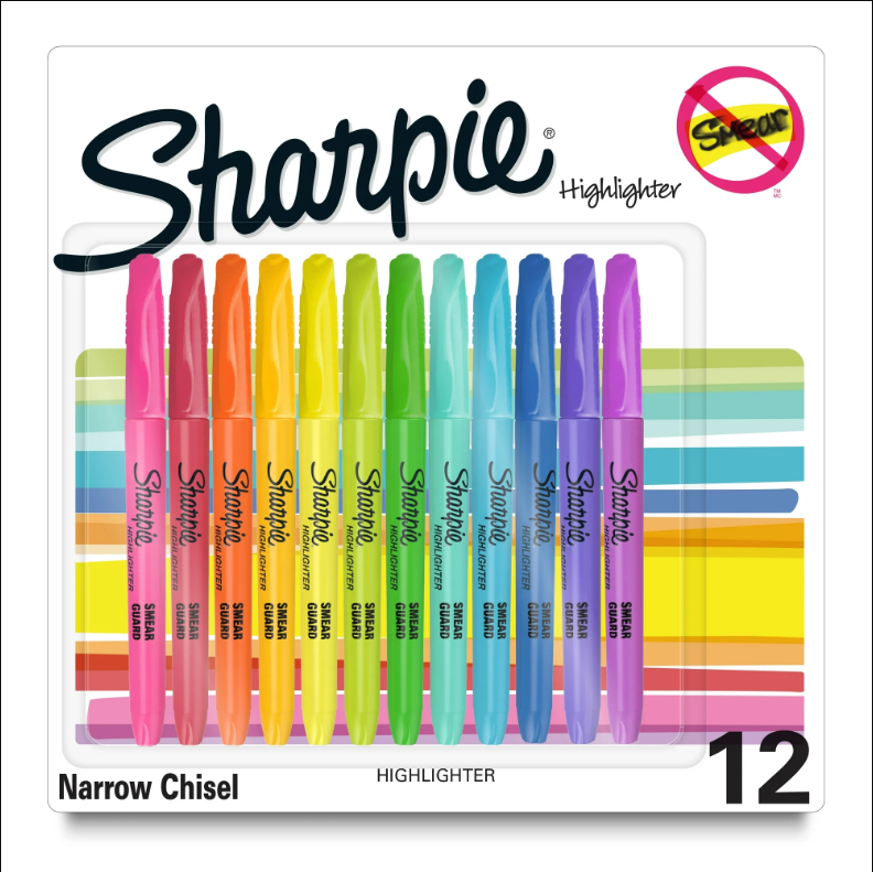 Sharpie Pocket Highlighters, Assorted, Chisel Tip, 12 Count