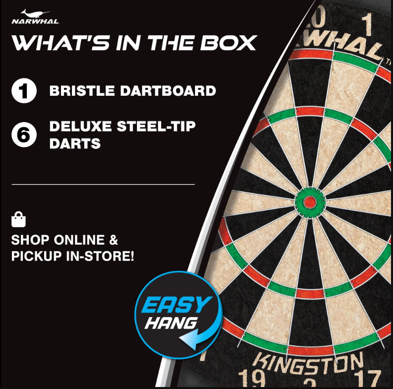 Narwhal Kingston Official Size Bristle Dartboard with 6 Steel Tip Darts