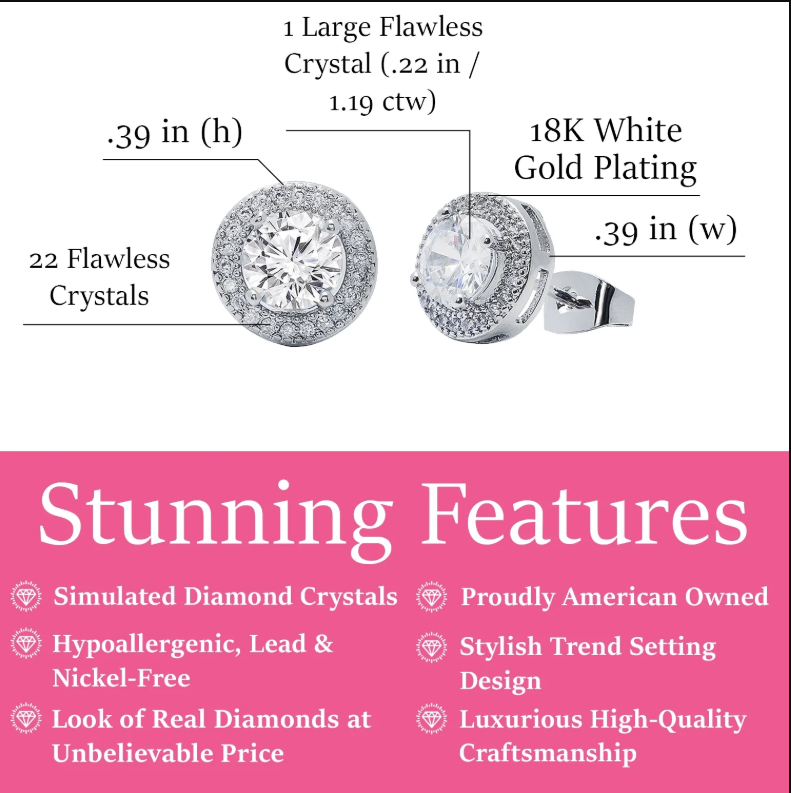 Ariel 18k Plated Halo Stud Earrings with Simulated Diamond Crystals