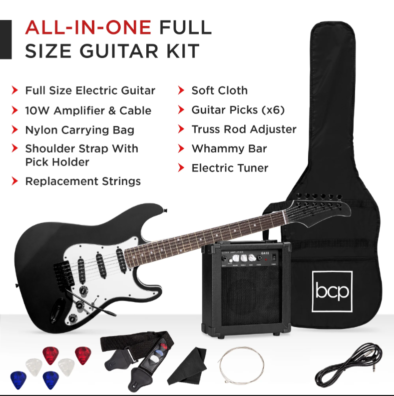 39in Full Size Beginner Electric Guitar Kit with Case, Strap, Amp, Whammy Bar