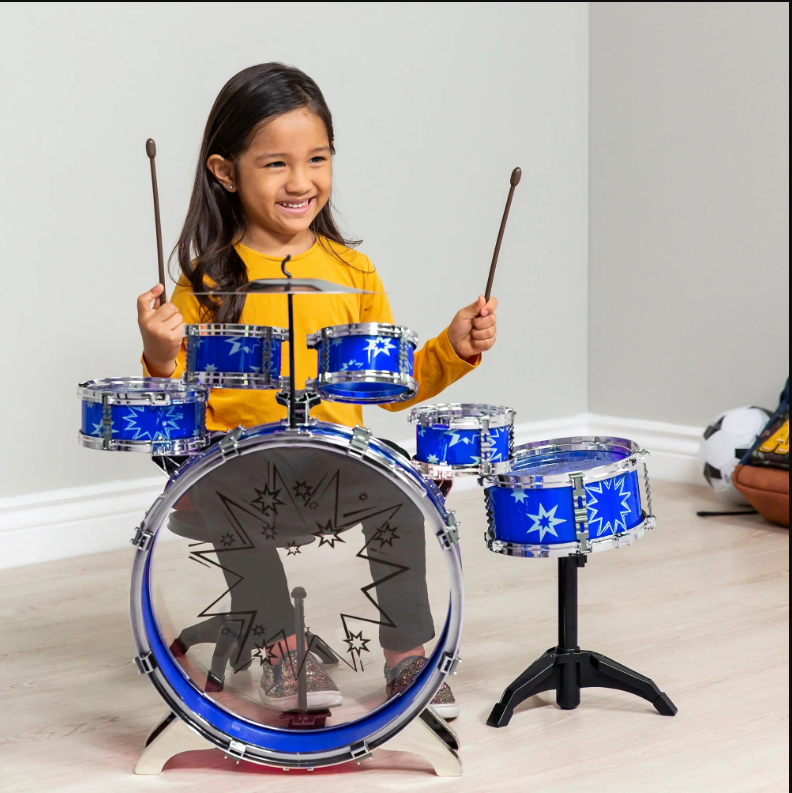 11-Piece Kids Starter Drum Set w/ Bass Drum, Tom Drums, Snare, Cymbal, Stool, Drumsticks