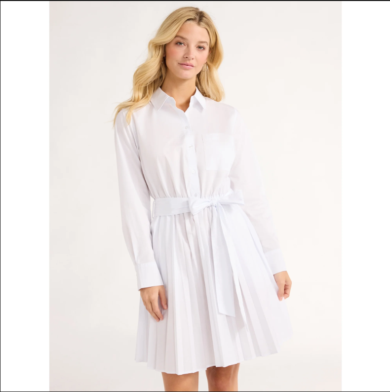 Women’s Pleated Mini Shirtdress with Long Sleeves