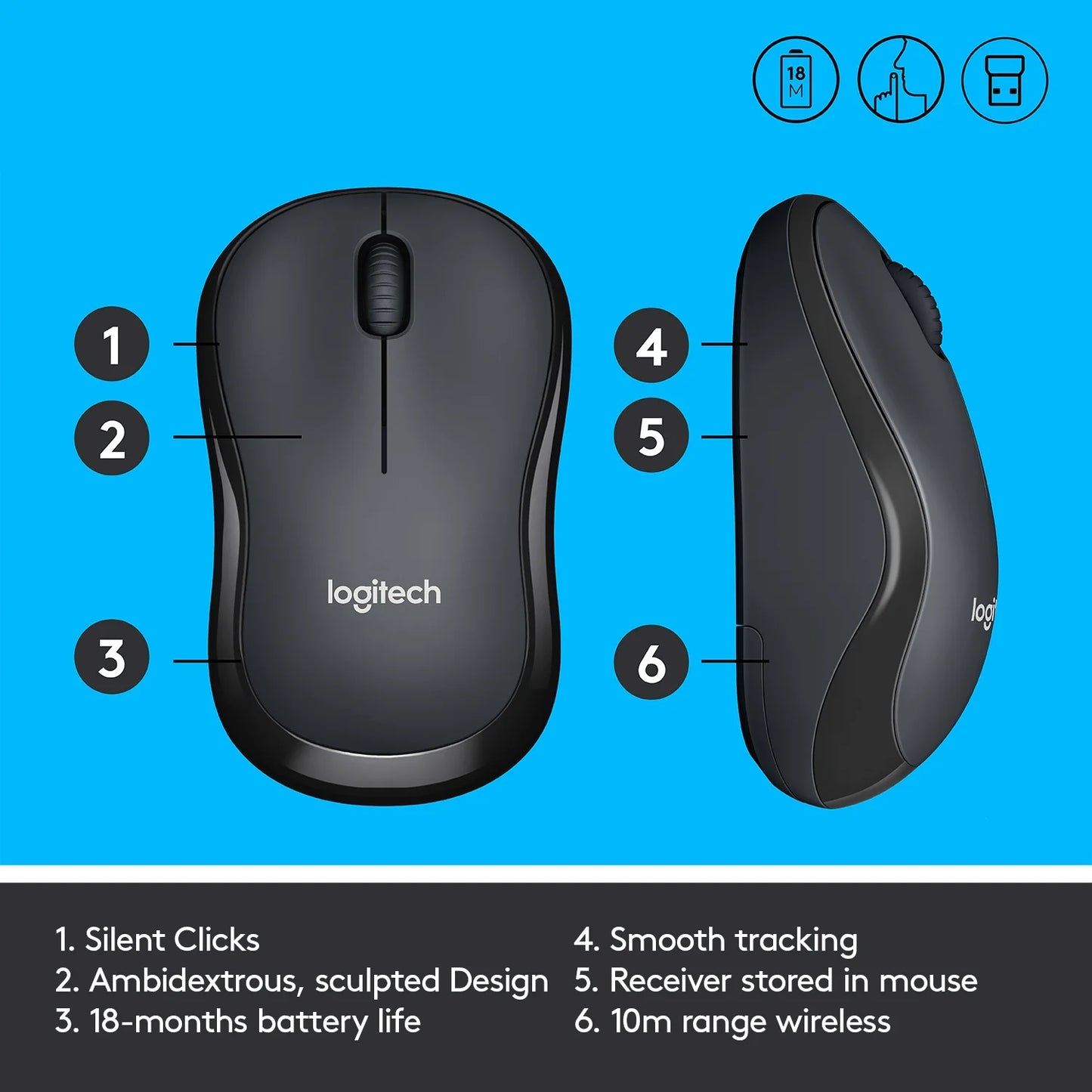 Silent Wireless Mouse, 2.4 Ghz with USB Receiver, 1000 DPI Optical Tracking, Black