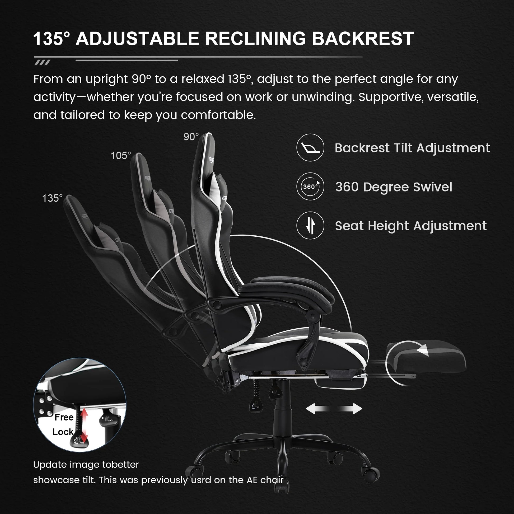 GTWD-200 Ergonomic Gaming Chair with Adjustable Pillows and Footrest