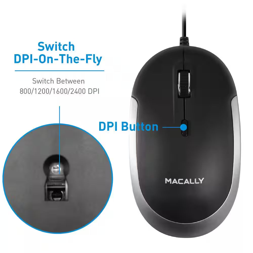 Silent USB Mouse Wired for Mac/Pc Optical Sensor and DPI Switch