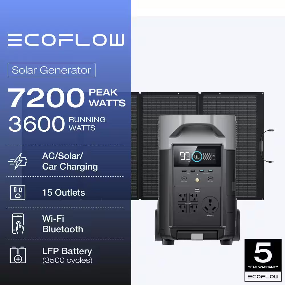 EcoFlow 3600W Output/7200W Peak Push-Button Start Solar Generator DELTA Pro with 400W Solar Panel for Home