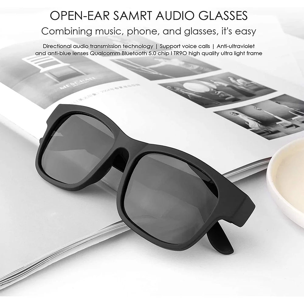 Smart Glasses Wireless Bluetooth Sunglasses Open Ear Music and Hands-Free Calling Polarized Lenses IP4 Waterproof Connect Mobile Phones and Tablets (Black)