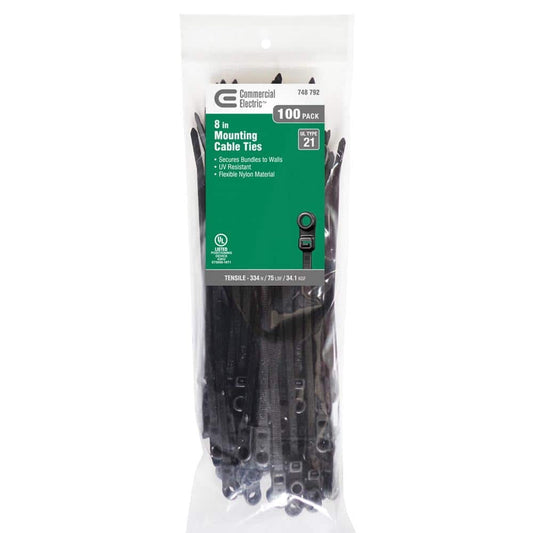 8in Mountable 75lb Tensile Strength UL 21 Rated Cable Zip Ties 100 Pack UV (Black)