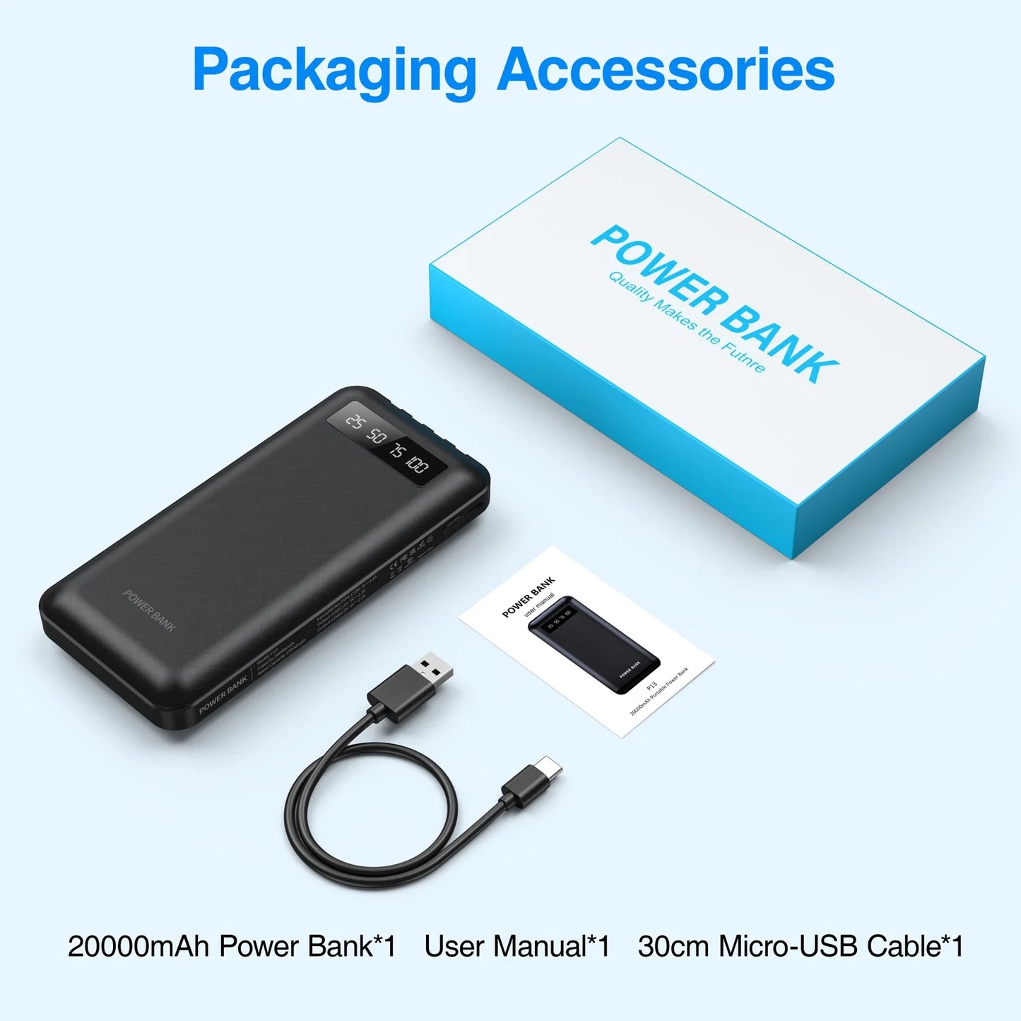 20000Mah Power Bank Portable Charger with Cables USB Fast Charging for Phone