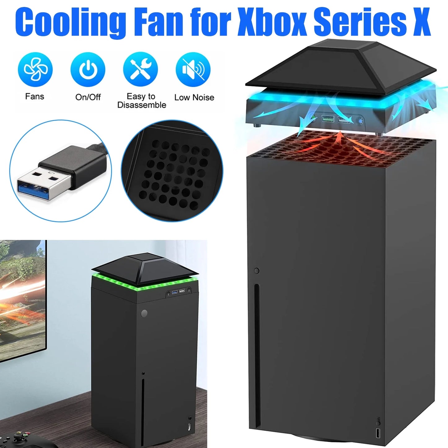 Cooling Fan for Xbox Series X, 2-USB Interfaces 3-Levels of Adjustable Speed with RGB LED Lights, Dust Cover Low Noise Fan Xbox Accessories