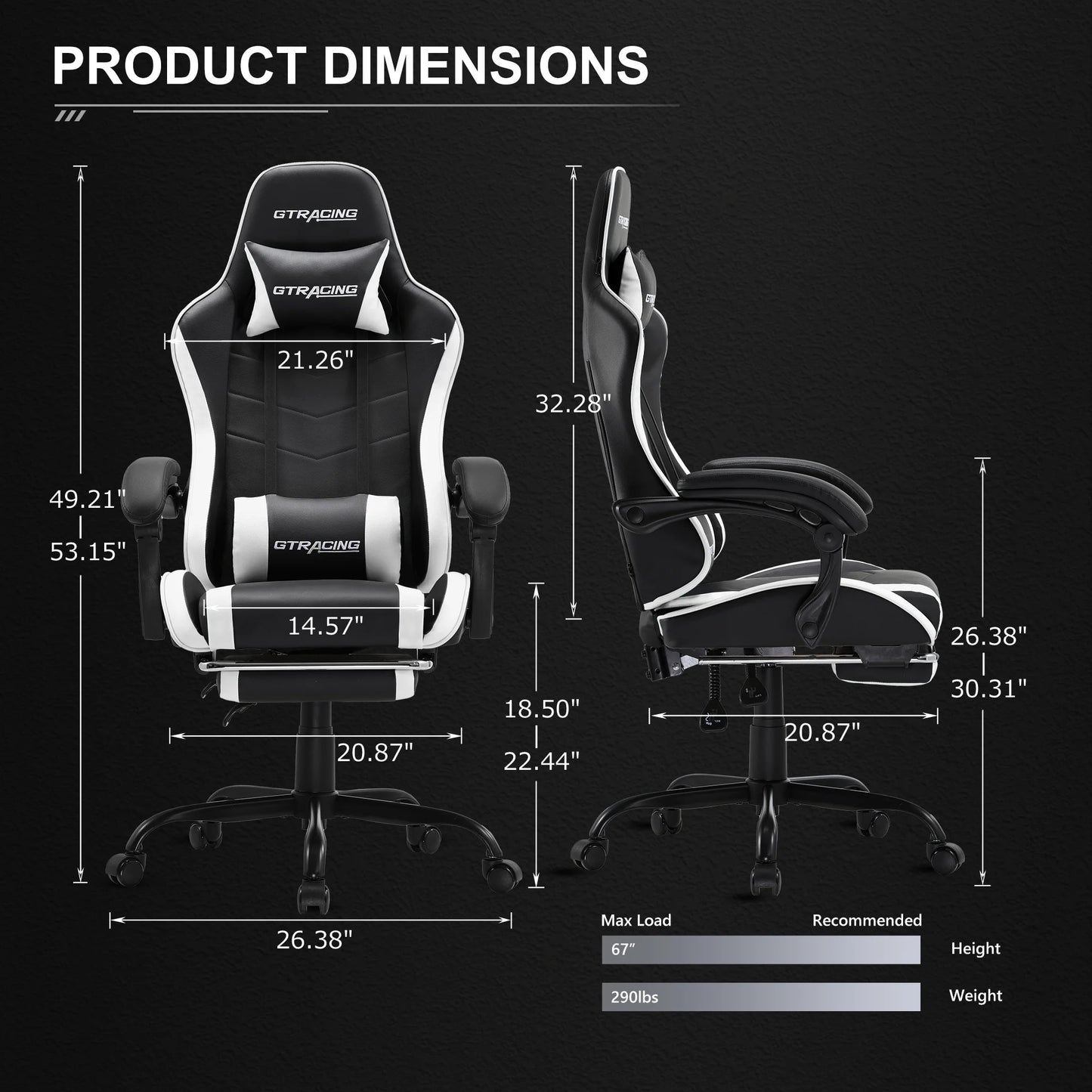 GTWD-200 Ergonomic Gaming Chair with Adjustable Pillows and Footrest