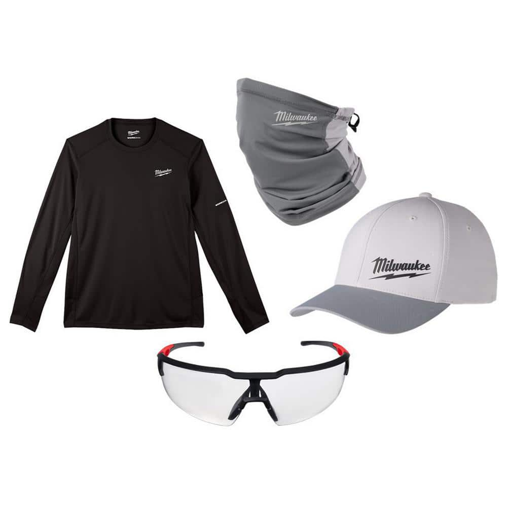 Men's WORKSKIN Long Sleeve T-Shirt with Hat, Gray Gaiter and Clear Safety Glasses